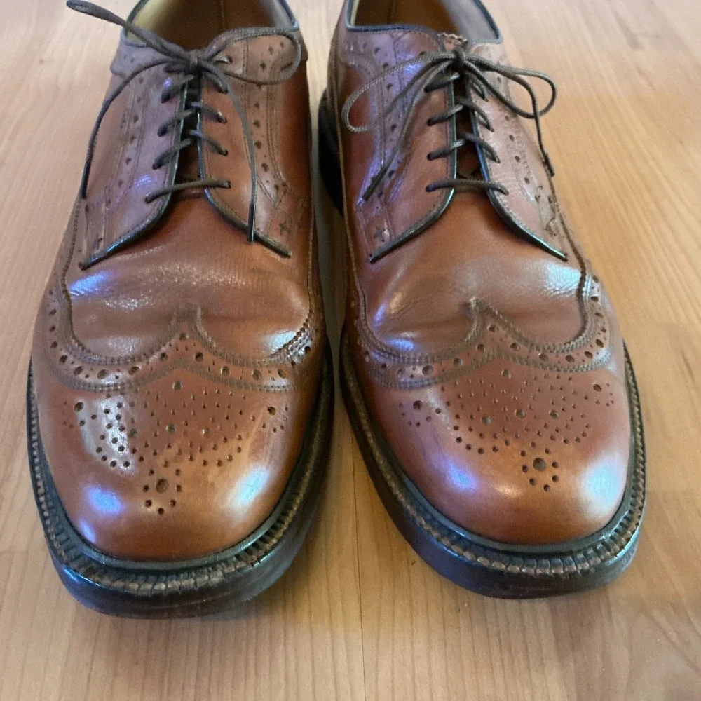 Vintage Nettleton Longwing Brogue Derby Shoes Brown Pebbled Leather Mens 12 AA/B